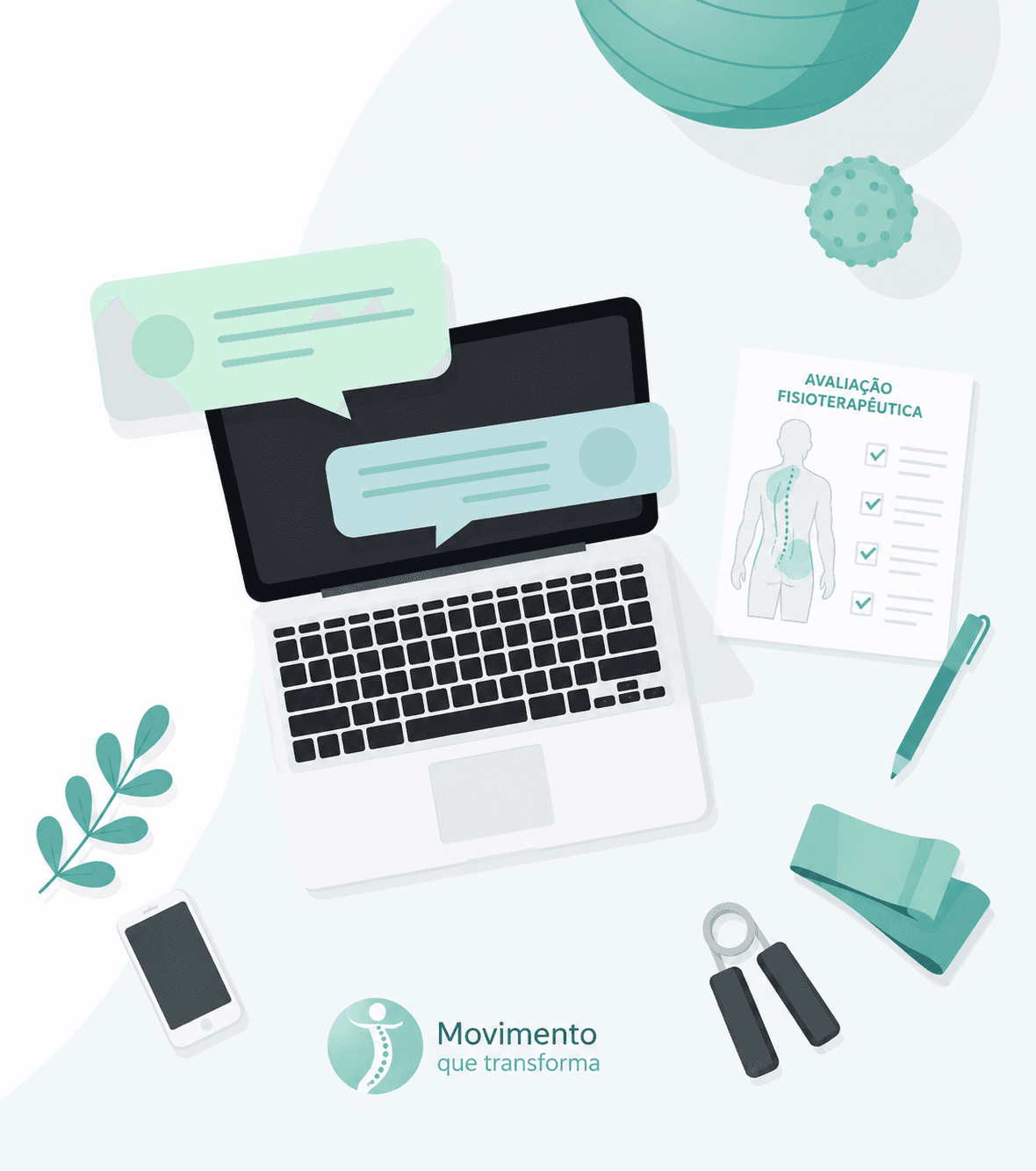 Ilustração de uma clínica de fisioterapia com avaliação, computador e acessórios de movimento